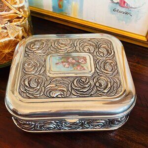 Vintage Silver Trinket Jewelry Box Roses Cottagecore Grandma Heritage Heirloom